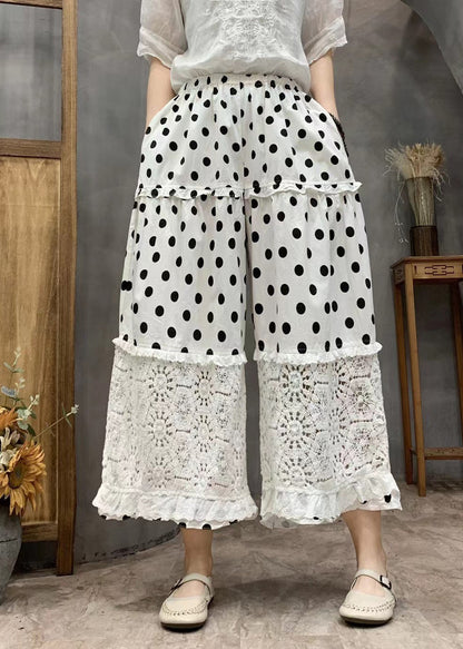 Yellow Dot Print Ruffled Patchwork Elastic Waist Crop Wide Leg Pants