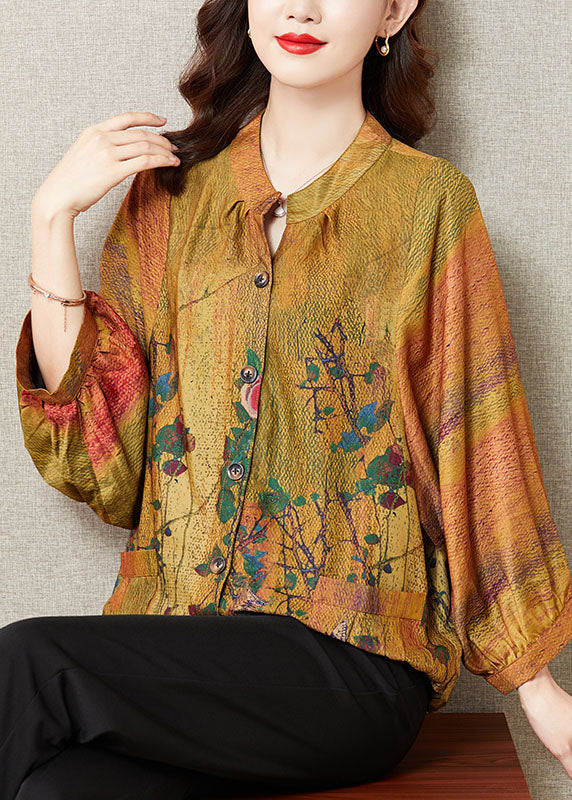 Yellow Drawstring Pockets Button Print Satin Coats Long Sleeve