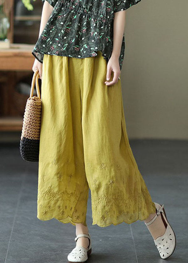 Yellow Elastic Waist Embroideried Linen Crop Pants Summer