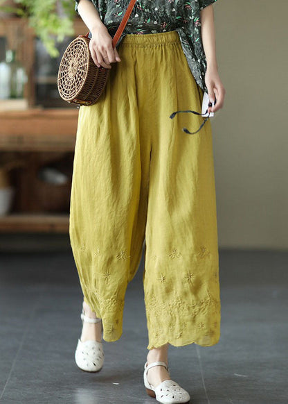 Yellow Elastic Waist Embroideried Linen Crop Pants Summer