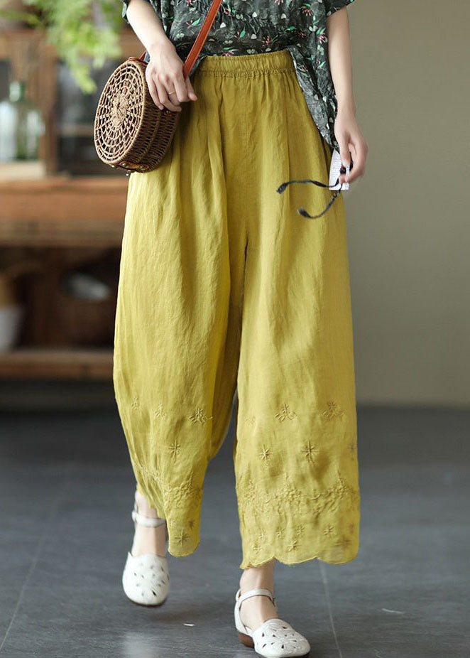 Yellow Elastic Waist Embroideried Linen Crop Pants Summer