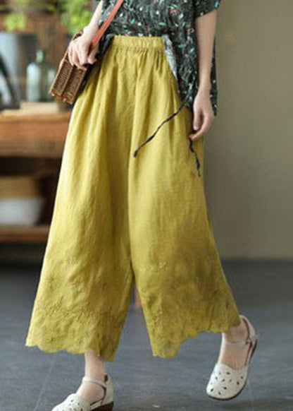 Yellow Elastic Waist Embroideried Linen Crop Pants Summer