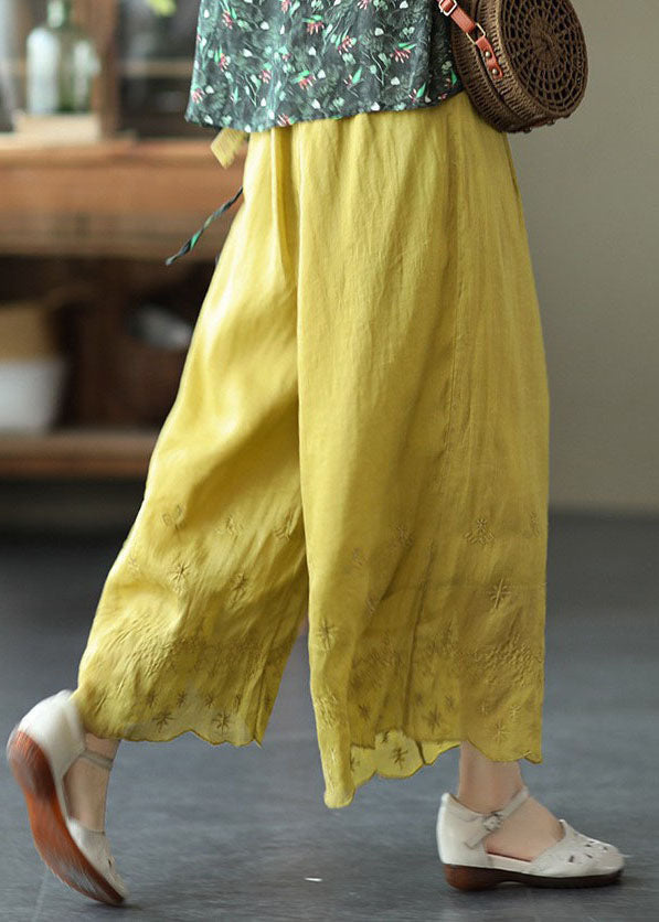 Yellow Elastic Waist Embroideried Linen Crop Pants Summer