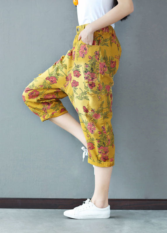 Yellow Elastic Waist Print Cotton Harem Pants Spring