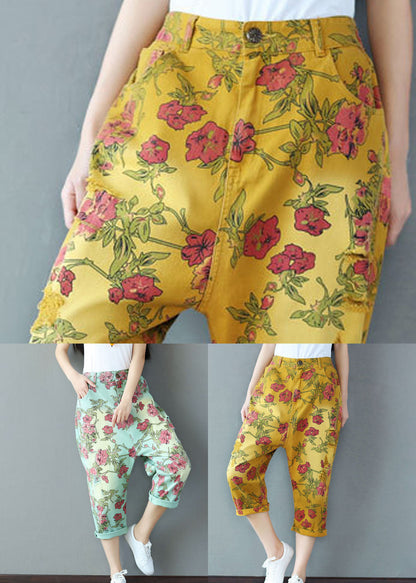 Yellow Elastic Waist Print Cotton Harem Pants Spring