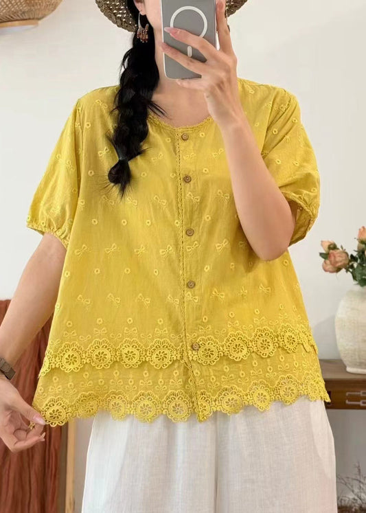 Yellow Embroidered Cotton Blouses Summer