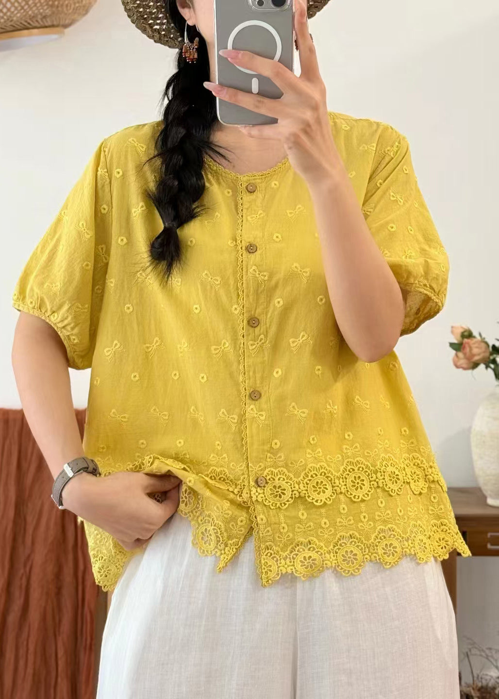 Yellow Embroidered Cotton Blouses Summer