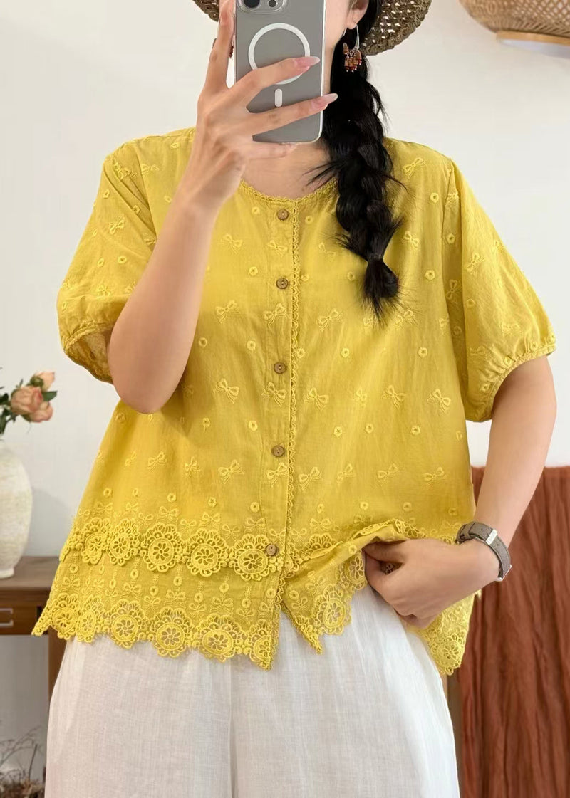 Yellow Embroidered Cotton Blouses Summer