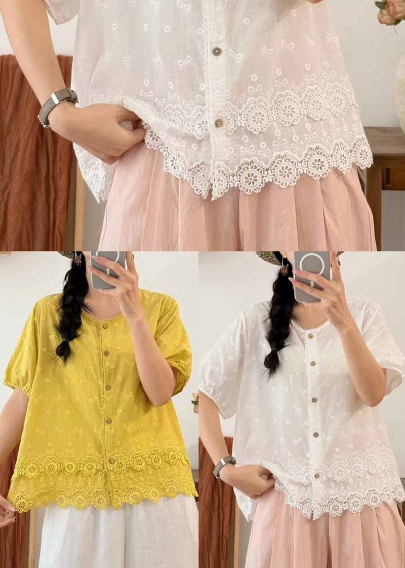Yellow Embroidered Cotton Blouses Summer