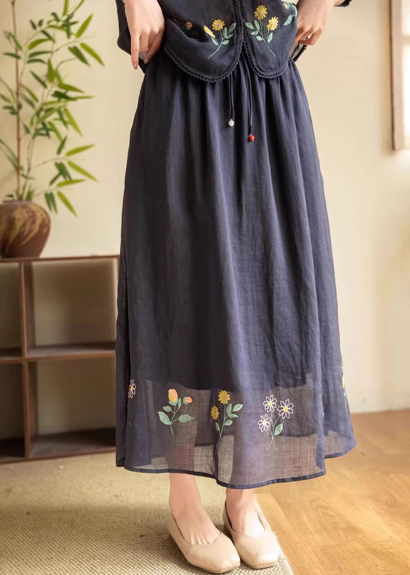 Yellow Embroidered Elastic Waist Linen Skirt Summer
