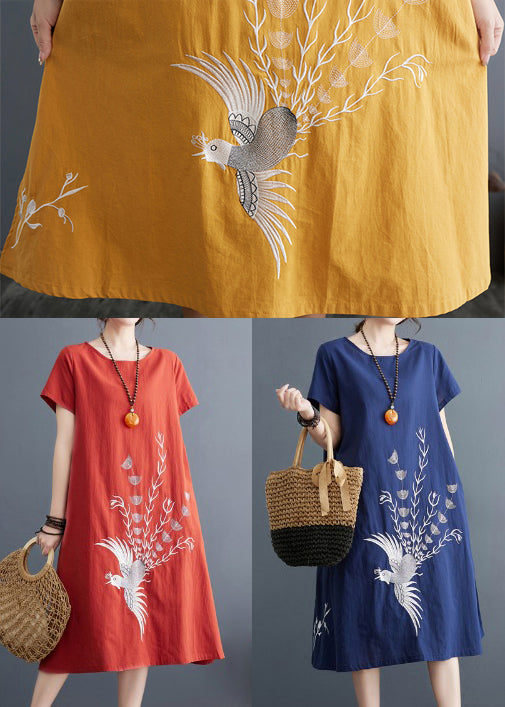 Yellow Embroidered Linen a Line Dress Summer