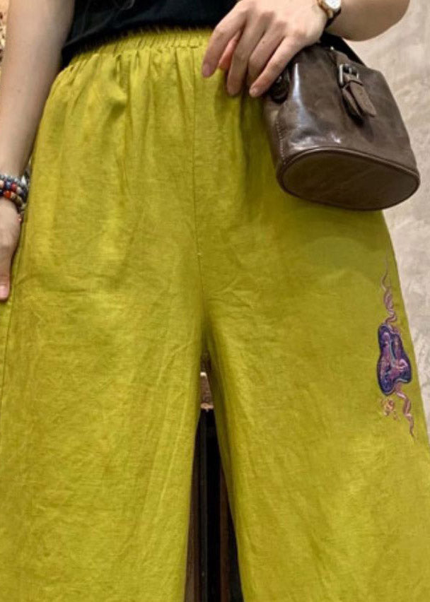 Yellow Embroideried Linen Wide Leg Pants Summer