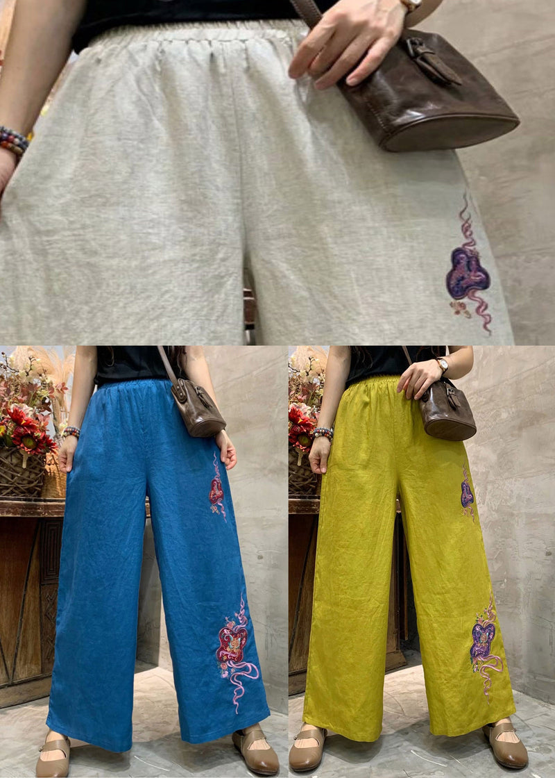 Yellow Embroideried Linen Wide Leg Pants Summer