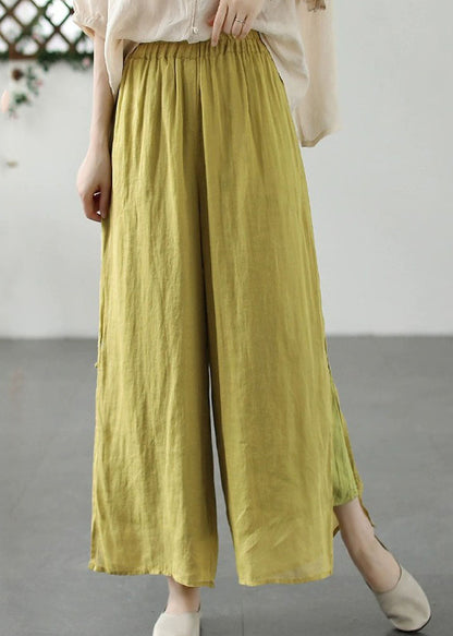 Yellow Embroideried Patchwork Linen Wide Leg Pants Summer