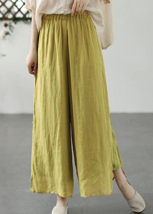 Yellow Embroideried Patchwork Linen Wide Leg Pants Summer