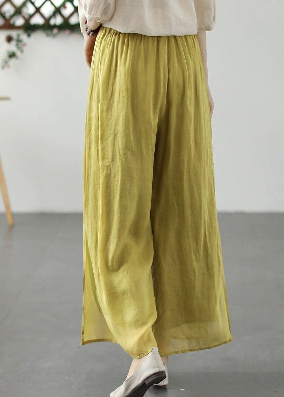 Yellow Embroideried Patchwork Linen Wide Leg Pants Summer