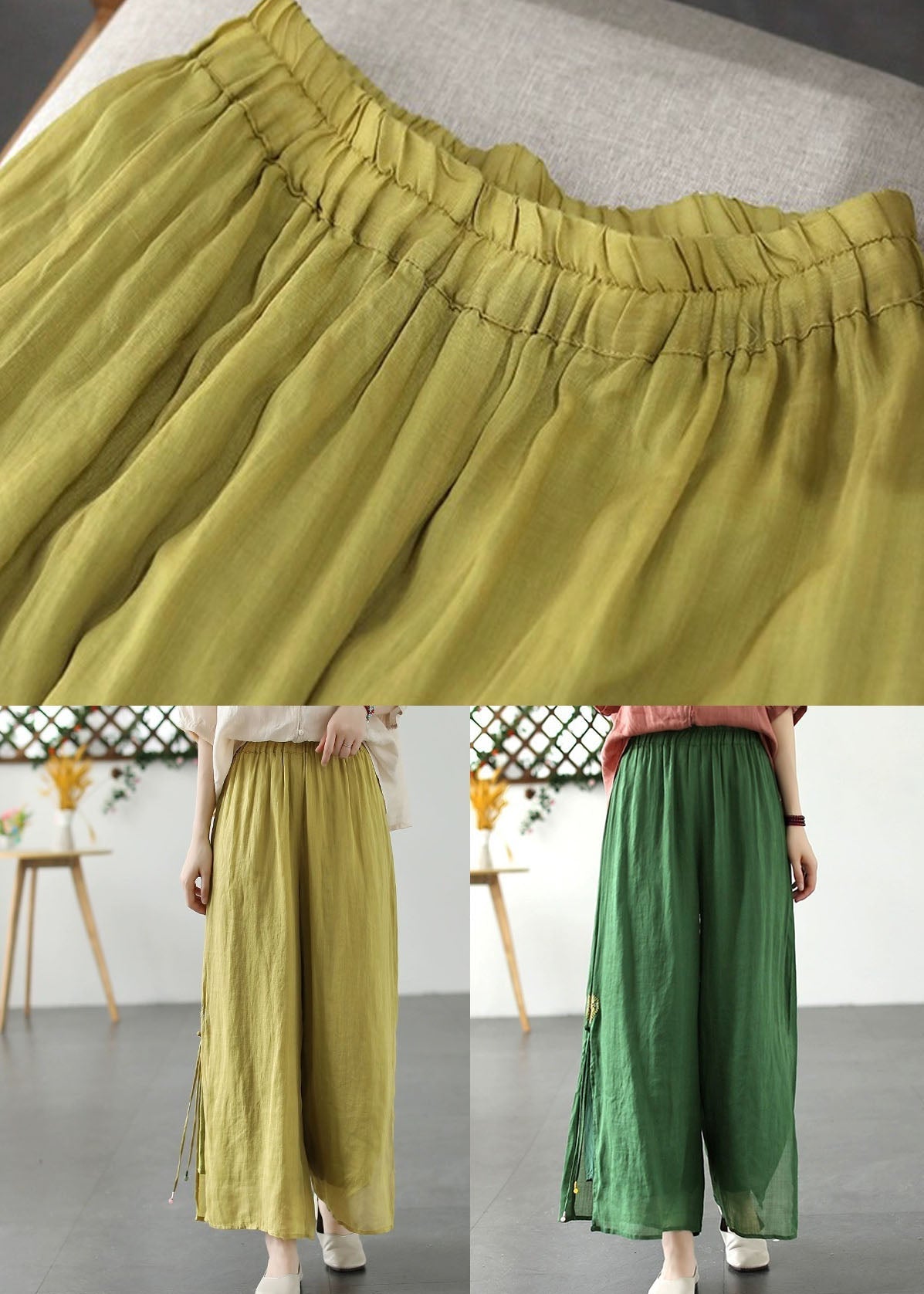 Yellow Embroideried Patchwork Linen Wide Leg Pants Summer