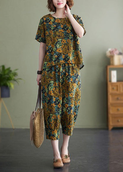 Yellow O-neck Top Short Sleeve Elastic Waist Pants Two Pieces Set
