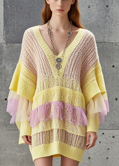 Yellow Hollow Out Patchwork Tulle Knitted Dress Fall