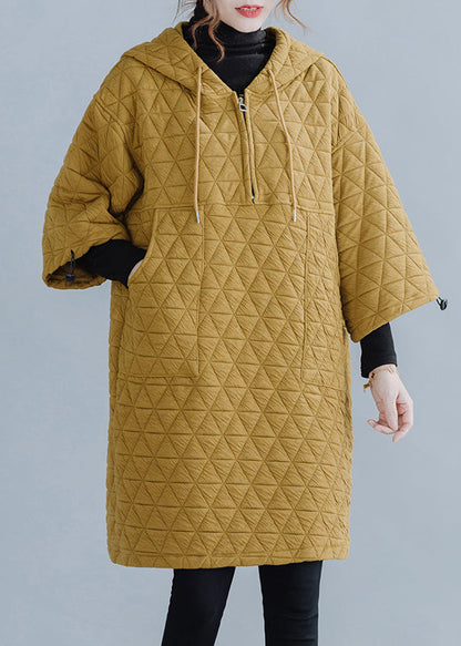 Yellow Hooded Drawstring Thick Mid Dress Long Sleeve