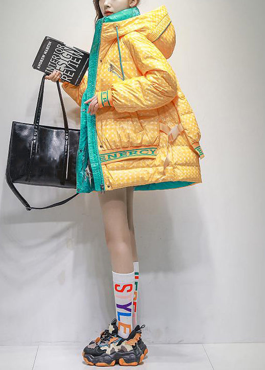 Yellow Hooded Letter Patchwork Duck Down Coats Winter