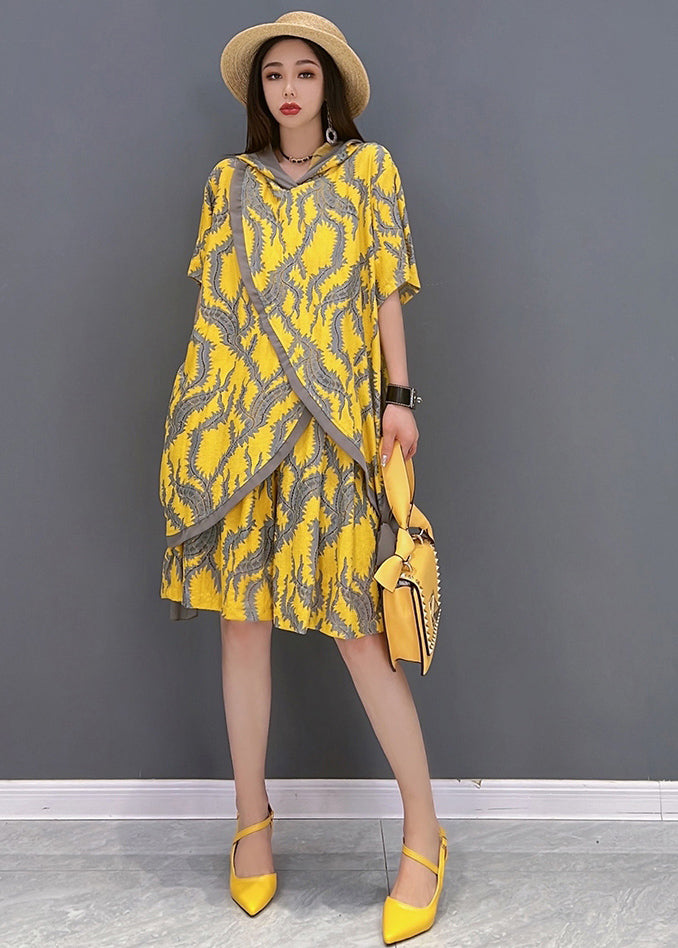 Yellow Hooded Patchwork Print Tops and Shorts Two Pieces Set Summer
