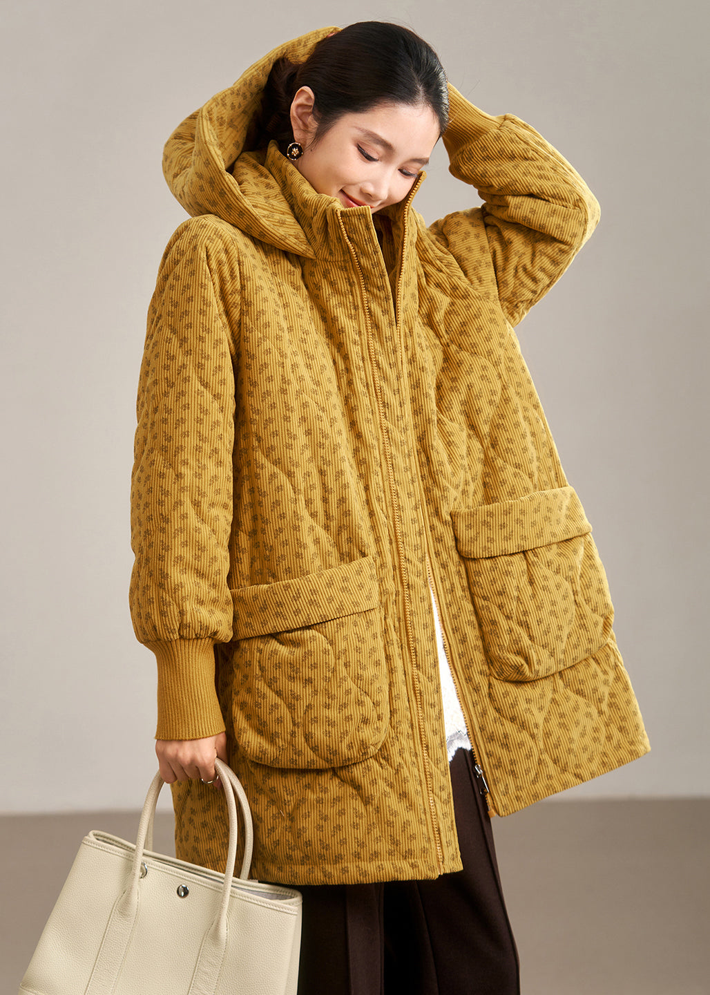 Yellow Hooded Pockets Fine Cotton Filled Coat Winter