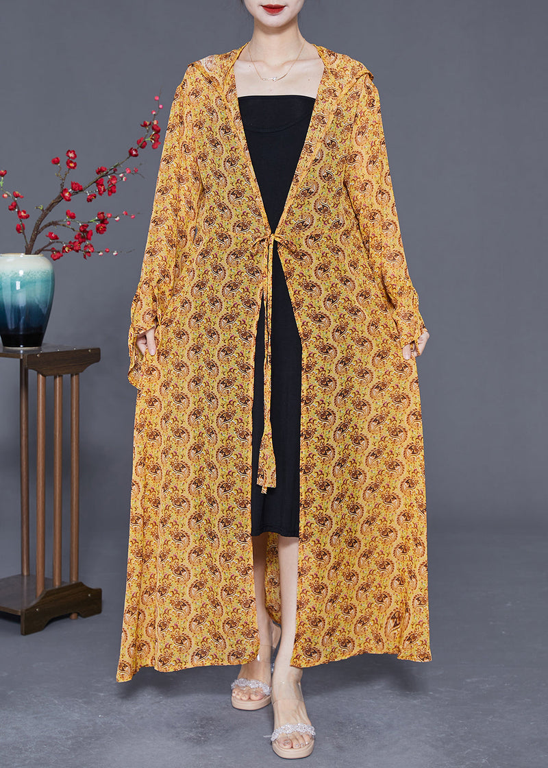 Yellow Hooded Print Chiffon Long Cardigan Summer