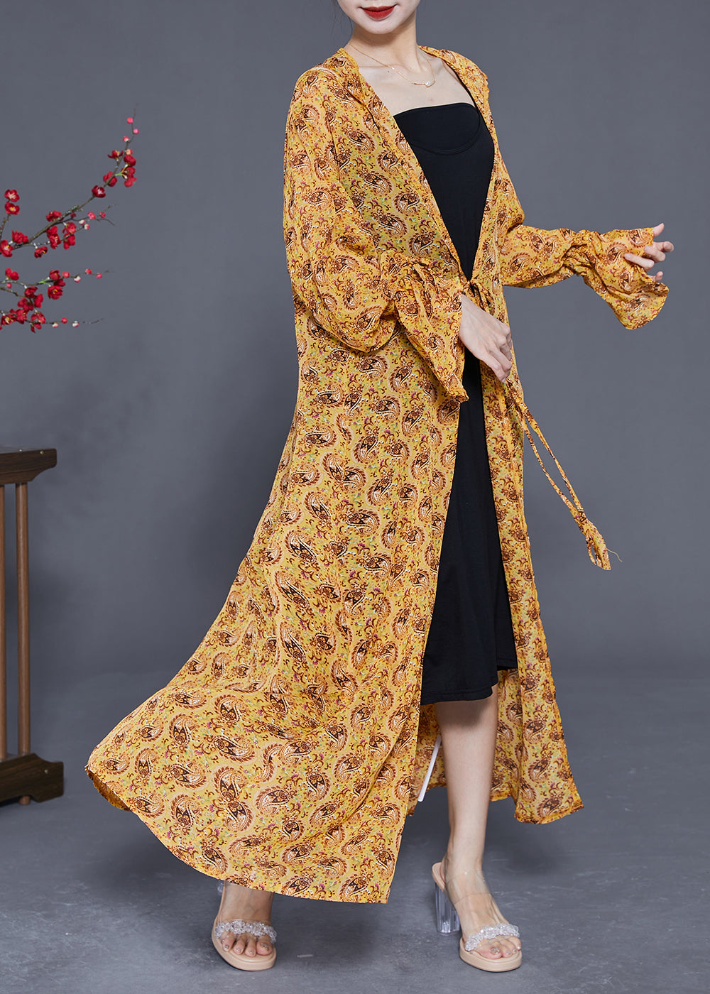 Yellow Hooded Print Chiffon Long Cardigan Summer