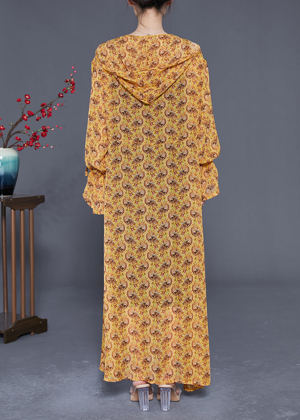 Yellow Hooded Print Chiffon Long Cardigan Summer