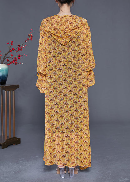 Yellow Hooded Print Chiffon Long Cardigan Summer