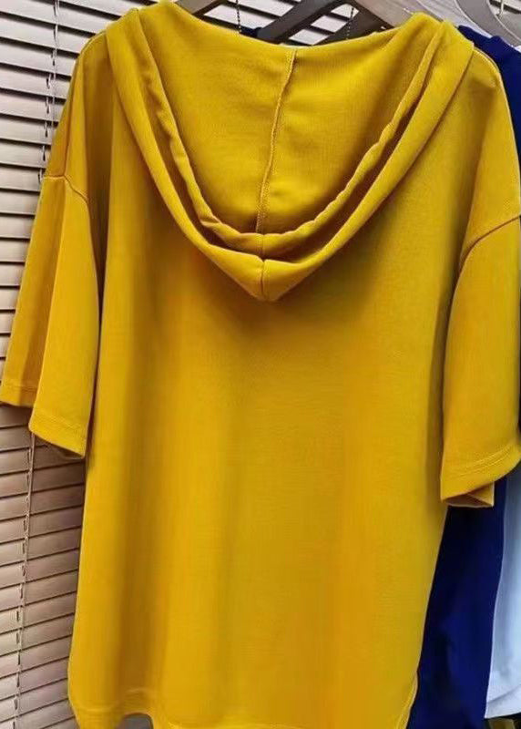 Yellow Hooded Print Patchwork Cotton Sweatshirt Summer