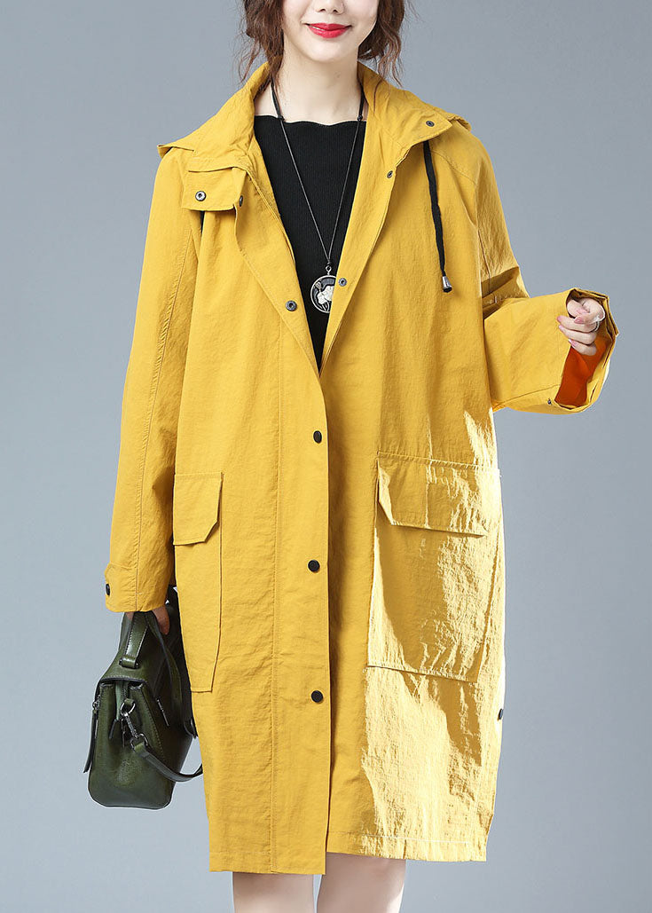 Yellow Hooded Print Pockets Patchwork Cotton Trench Coat Fall