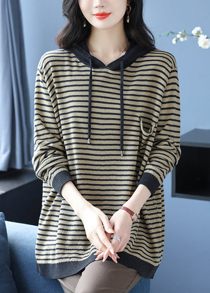 Yellow Hooded Striped Woolen Knit Sweaters Winter