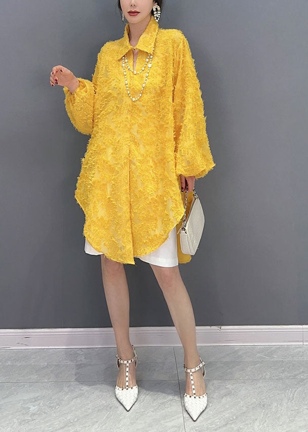 Yellow Jacquard Side Open Tulle Long Blouse Spring