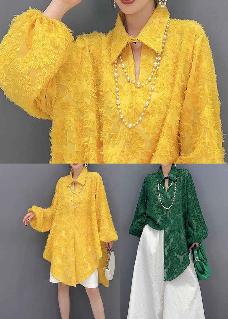 Yellow Jacquard Side Open Tulle Long Blouse Spring