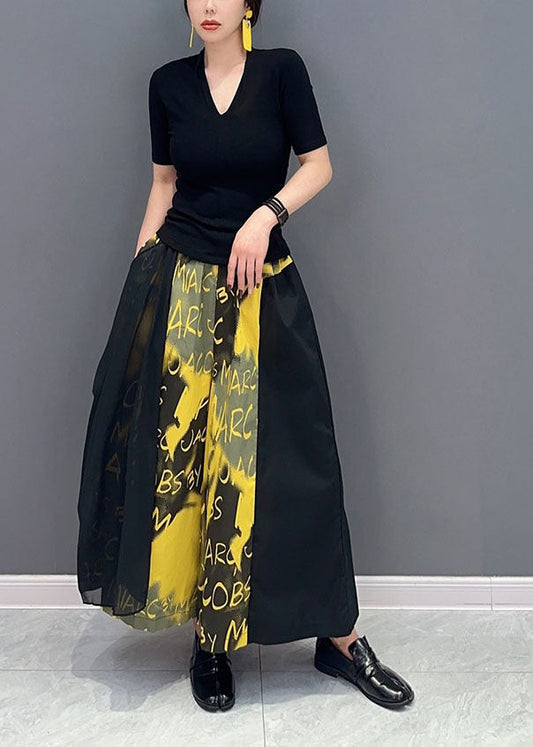 Yellow Letter Print Pockets Cotton Wide Leg Pants Spring