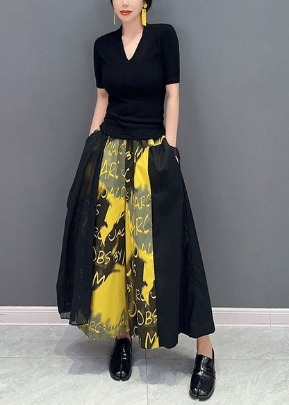 Yellow Letter Print Pockets Cotton Wide Leg Pants Spring