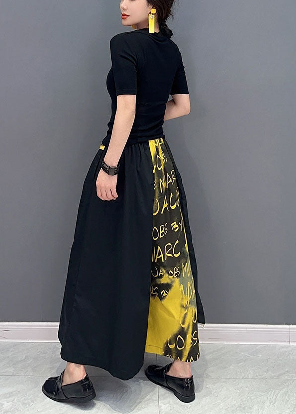 Yellow Letter Print Pockets Cotton Wide Leg Pants Spring