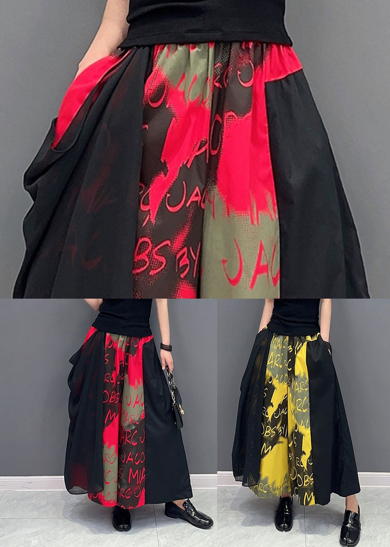 Yellow Letter Print Pockets Cotton Wide Leg Pants Spring