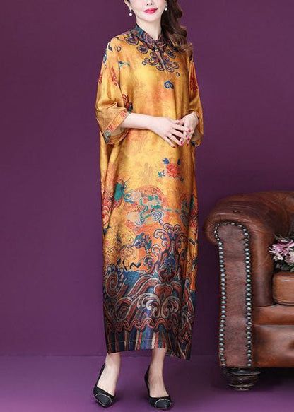 Yellow Mandarin Collar Print Silk Dresses Batwing Sleeve