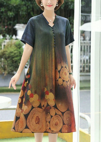 Yellow O-neck Button Silk Maxi Dress Short Sleeve