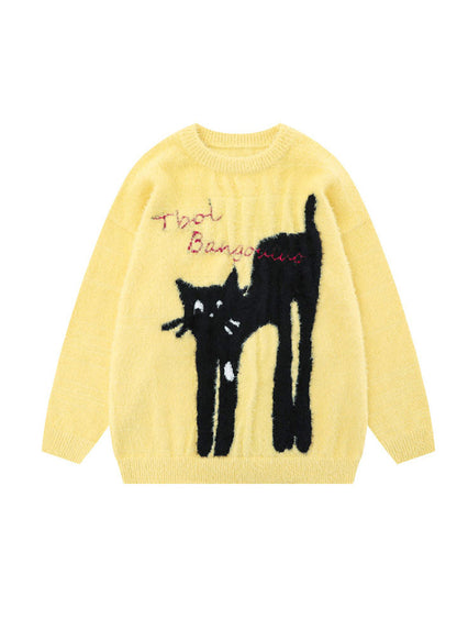 Yellow O Neck Cats Print Knit Sweaters Spring