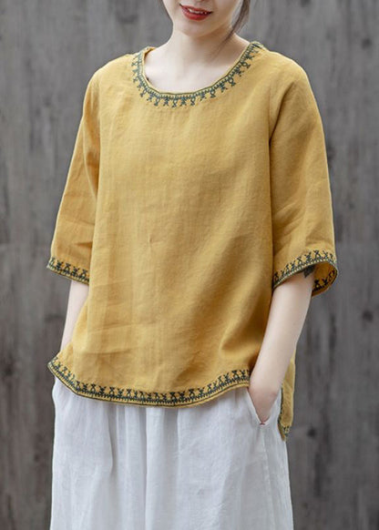 Yellow O Neck Embroidered Patchwork Cotton T Shirts Summer
