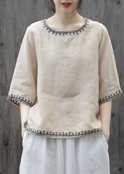 Yellow O Neck Embroidered Patchwork Cotton T Shirts Summer