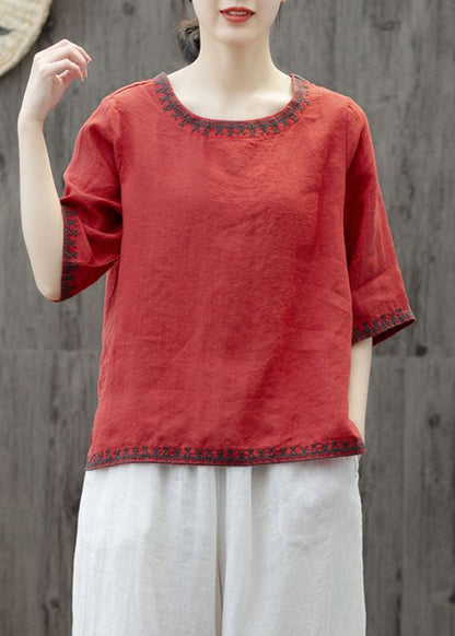 Yellow O Neck Embroidered Patchwork Cotton T Shirts Summer