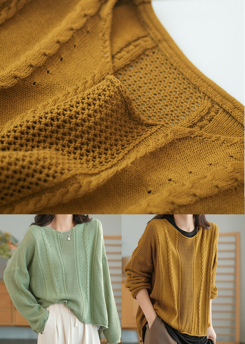 Yellow O-neck Hollow Out Knit Sweaters Fall
