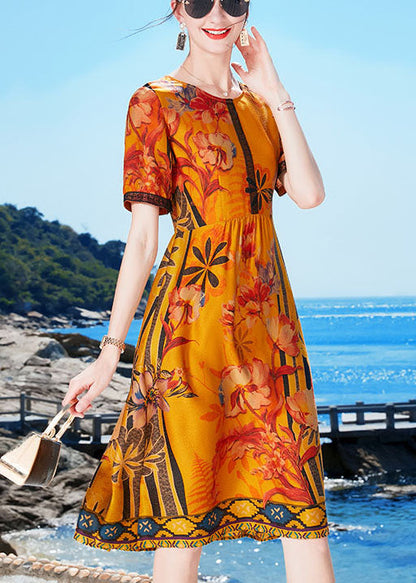 Yellow O-neck Lace Patchwork Wrinkled Silk a Line Dresses Short Sleeve