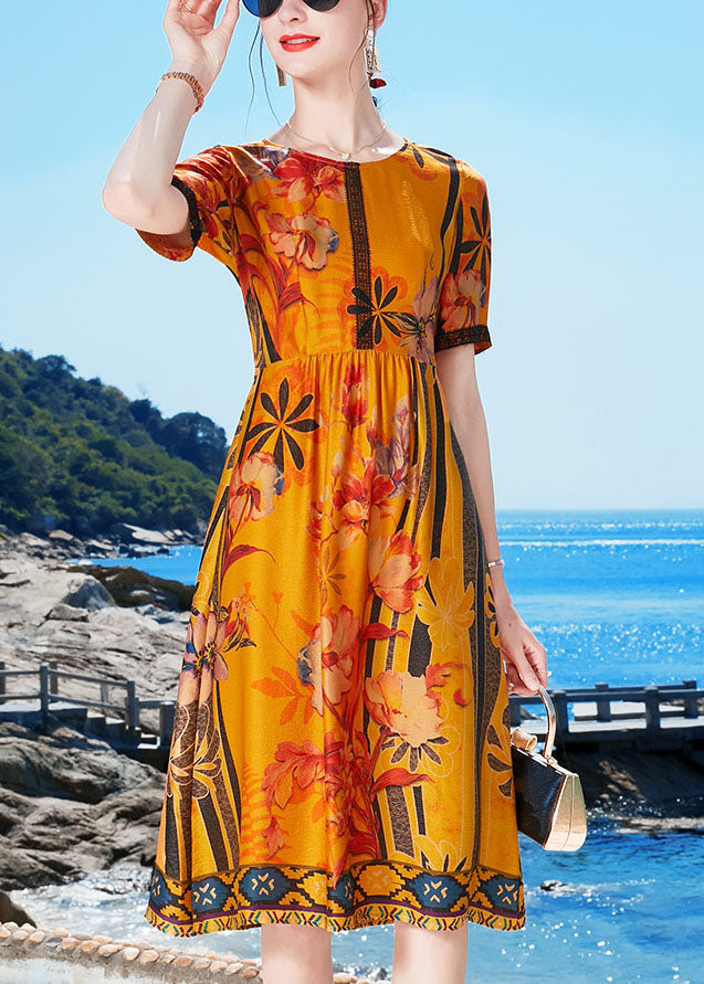 Yellow O-neck Lace Patchwork Wrinkled Silk a Line Dresses Short Sleeve