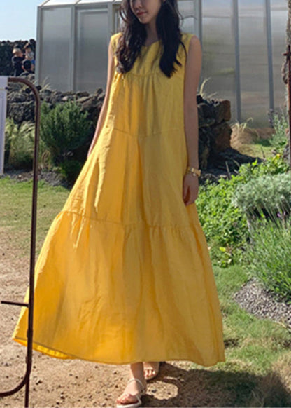 Yellow O-neck Patchwork Cotton Maxi Dresses Sleeveless